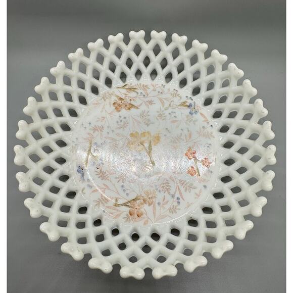 Vtg. Milk Glass Painted Floral Bowl Basket weave Lattice Fruit Compote Open Lace - Picture 1 of 13